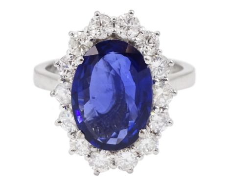 18ct white gold oval sapphire and round brilliant cut diamond cluster ring, hallmarked, sapphire approx 3.50 carat, total dia