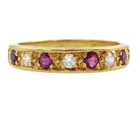 18ct gold seven stone ruby and round brilliant cut diamond half eternity ring, London 1984Condition Report:Approx 3.15gm, siz