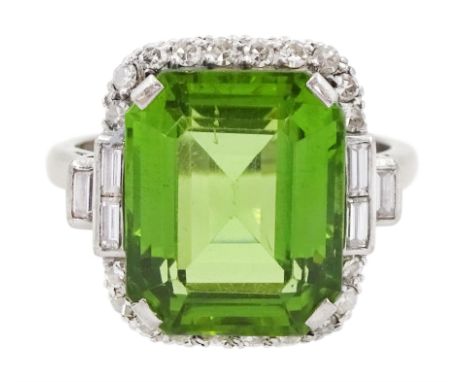 18ct white octagonal cut peridot, old cut and baguette cut diamond cluster ring, stamped 18ct Plat, peridot approx 8.70 carat