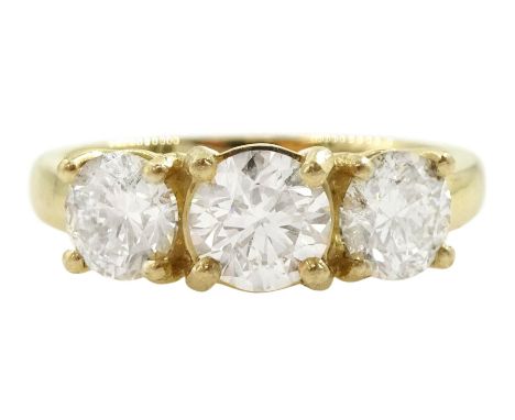 18ct gold three stone round brilliant cut diamond ring, hallmarked, total diamond weight approx 1.65 caratCondition Report:Ap