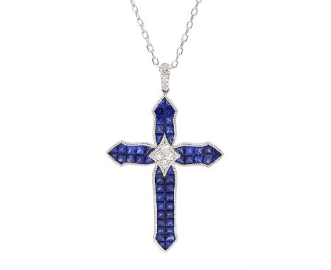 18ct white gold milgrain set sapphire and diamond cross pendant necklace, total sapphire weight approx 4.30 caratCondition Re