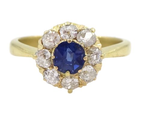 Early 20th century 18ct gold sapphire and old cut diamond cluster ring, total diamond weight approx 0.50 caratCondition Repor