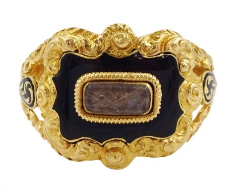 George IV 18ct gold black enamel and glazed mourning ring, the setting and shank with foliate decoration, London 1825, Condit