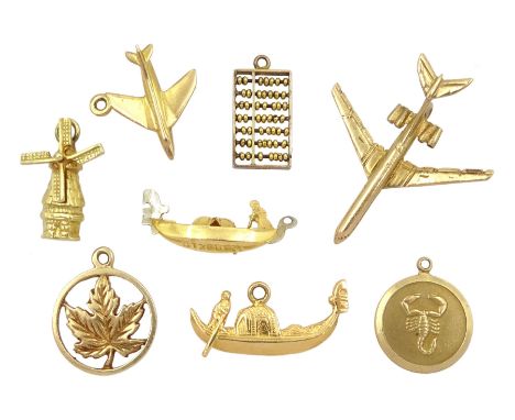 Four 9ct gold pendant / charms including aeroplane, Scorpio Zodiac and leaf, two 18ct gold gondola charms, 14ct gold windmill