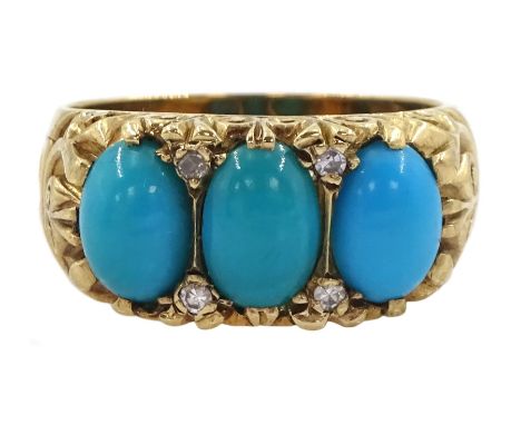 9ct gold three stone turquoise ring, with four diamond accents set between, London 1976Condition Report:Approx 6.3gm, size M,