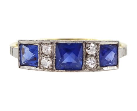 Art Deco 18ct gold milgrain set three stone French cut sapphire and four stone old cut diamond ring by R. Bros, stamped, tota