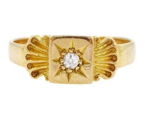 Victorian 18ct gold single stone diamond ring, the central star set old cut diamond with a scallop shell detail either side, 