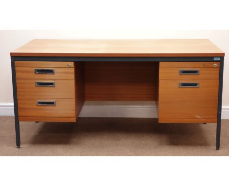 Mid 20th century teak desk, grey metal frame, one slide and six drawers, W151cm, H72cm, D76cm Condition Report Click here for