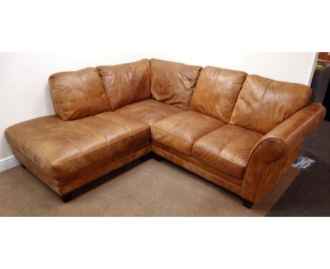 Four seat corner sofa upholstered in tan leather, W230cm Condition Report Click here for further images, condition, auction t