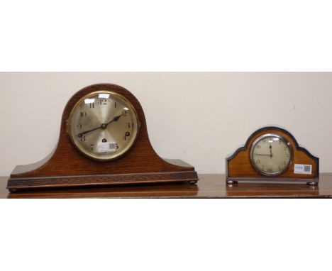 20th century arched oak cased mantle clock with silvered Arabic dial, triple train movement stamped 4304 Westminster striking