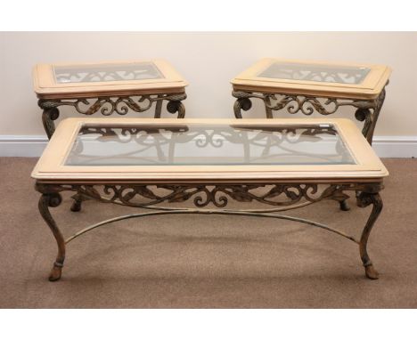 Ornate wrought metal rectangular coffee table, bevel edge glass top in painted timber frame, cabriole legs joined by arched s