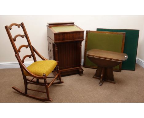 Reproduction mahogany Davenport desk, sloping green leather inset writing pad (W50cm, H89cm, D50cm) a Victorian rocking chair