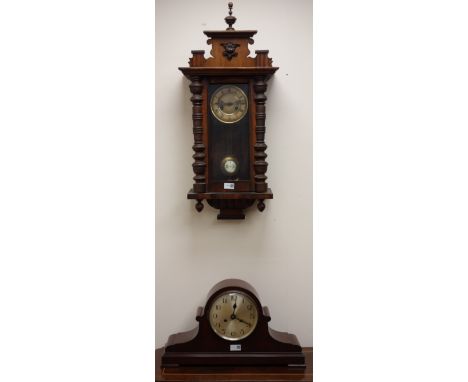 Early 20th century Vienna type wall clock, twin train movement striking the half hours on a gong, H86cm and an arched mahogan