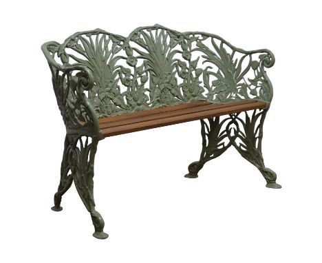 Coalbrookdale style cast metal wheat sheaf bench, hardwood slatted seat, green painted finish, W118cm Condition Report Click 