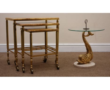 Onyx and gilt brass nest of three tables (W50cm, H52cm, D30cm) and glass top lamp table (2) Condition Report Click here for f