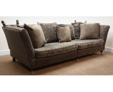 Knole drop side four seat sofa, upholstered in a purple and grey floral fabric, W255cm Condition Report Click here for furthe