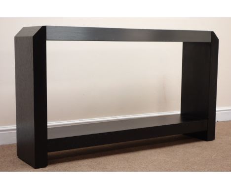 Black stained oak console table, canted corners, black glass top with chrome frame, solid end supports joined by single under