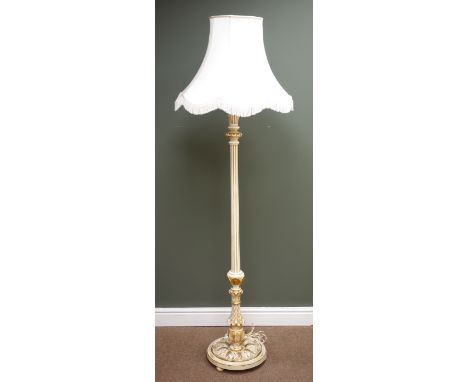 Cream and gilt standard lamp, ornate reeded column with shade, H148cm Condition Report Click here for further images, conditi