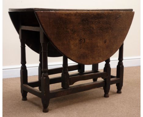 18th century oak oval drop leaf table, gate leg action, turned supports, W114cm, H71cm, D98cm Condition Report Click here for