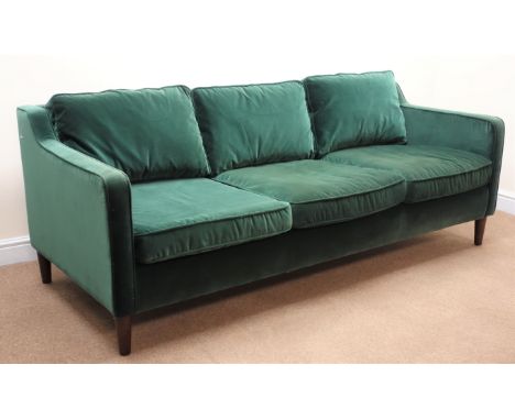 Barker and Stonehouse three seat sofa, upholstered in an emerald velvet, turned tapering supports (W205cm) and matching armch