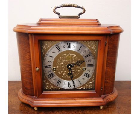 Rapport London walnut cased mantel clock, brass dial with a silvered Roman chapter ring, triple train movement, Westminster c