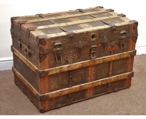 Vintage wood and metal bound travelling trunk, hinged lid, W90cm, H63cm, D57cm Condition Report Click here for further images