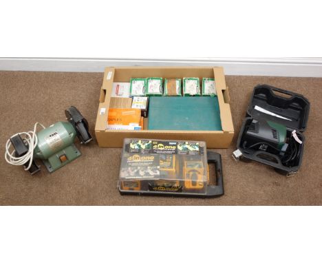 nu-Tool CH151 151mm bench grinder, a Plasplugs 4 in 1 power sharpener, Parkside sharpener, various sockets, screws and staple