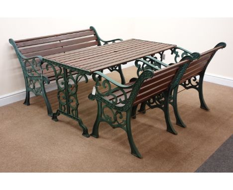 Cast iron and wood slatted rectangular garden table (W141cm, H66cm, D68cm) a matching two seat bench (W130cm) and pair armcha