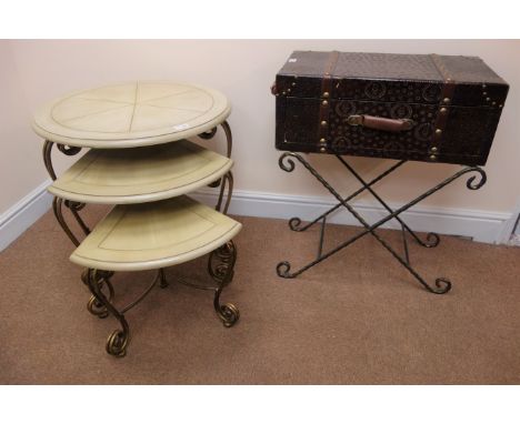 Nest of three tables on scrolled gilt metal supports (D61cm, H62m) and a modern trunk on folding stand (2) Condition Report C