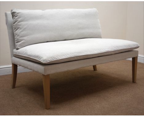 Two bench seats, upholstered in a grey fabric, square tapering supports, W123cm (2) Condition Report Click here for further i
