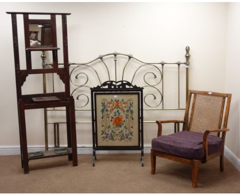 Early 20th century oak hall stand, raised mirror back, single shelf, six hooks (W71cm, H178cm, D23cm) an oak cane back armcha