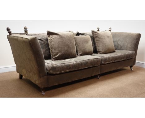 Knole drop side four seat sofa, upholstered in a purple and grey floral fabric, W255cm Condition Report Click here for furthe