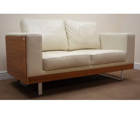 Dwell Furniture walnut framed two seat sofa upholstered in cream leather, chrome supports, W160cm Condition Report Click here