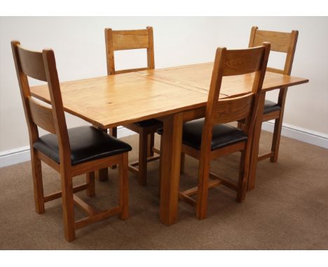 Light oak square extending dining table, square supports (W90cm, H79cm, D180cm, max) and set four  matching ladder back dinin