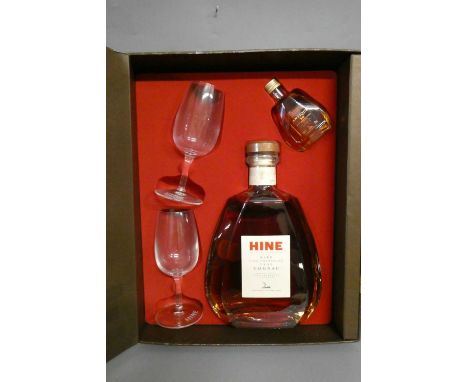 1 bottle Hine rare fine champagne cognac, in presentation box with two glasses &amp; 1 5cl Hine Antique XO cognac (Est. plus 