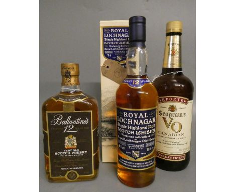 3 bottles of whisky, comprising 1 boxed 12 year old Royal Lochnagar, 1 bottle 12 year old Ballantines very old scotch whisky 