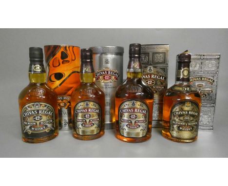 4 bottles of Chivas Regal scotch whisky, comprising 1 litre boxed 12 year old premium whisky, 2 70cl 12 year old premium in t