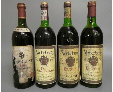 4 bottles of South African red wine, comprising 2 Nederburg Baronne 1980 &amp; 1981, 1 Nederburg Paarl Cabernet Sauvignon 198