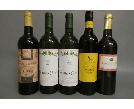 5 bottles of European &amp; New World wine, comprising 2 bottles 2001 Mouton Cadet Bordeaux, 1 2011 Saint-Chinian vieux, 1 20