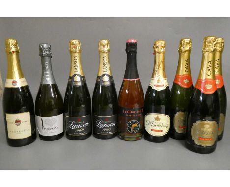 9 bottles sparkling wine, comprising 3 Marques del Norte vintage cava brut, 2 Lanson Black Label brut champagne, 1 Yellow Tai