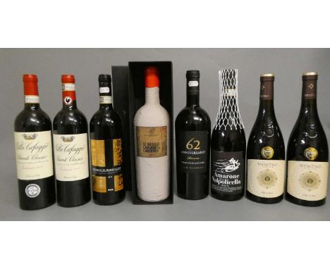 8 bottles of Italian red wine, comprising 1 boxed 2017 Le Argille Cabernet Cabernet, 1 2010 Brunello Montalcino, Pieve Santa 