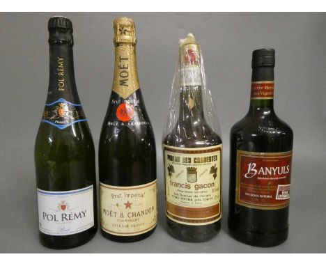 4 bottles comprising 1 Moet &amp; Chandon Brut Imperial champagne, 1 Pol Remy brut, 1 Pineau des Charentes Francis Gacon cogn