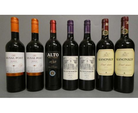 7 bottles of South African red wine, comprising 2 2010 Rustenberg Malbec, 2 2018 Kanonkop Paul Sauer, 2 2021 The Signal Post 