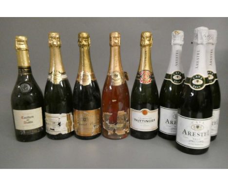 8 bottles of sparkling wine, comprising 3 bottles Arestel cava, 1 bottle Taittinger champagne, 1 Louis Dubrince champagne, 1 