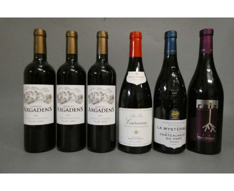 6 bottles of French wine, comprising 3 2019 Chateau Argadens bordeaux, 1 2018 Cairanne, 1 2017 La Mysteriale Chateauneuf-du-P