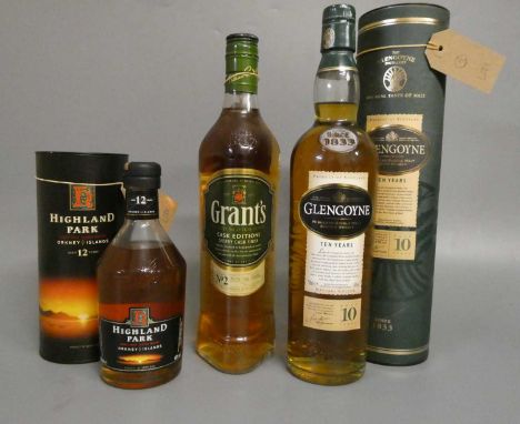 3 bottles of Scotch whisky, comprising 1 Glengoyne 10 year old single malt in tube, 1 350ml Highland Park 12 year old single 