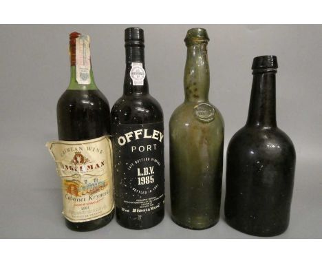 1 bottle Offley LBV 1985 port, 1 bottle 1991 Inkerman Cabernet Krymske, 1 antique cognac bottle, possibly Crimea period and 1