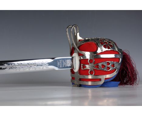 A Queen Elizabeth II basket-hilted dress sword by Wilkinson Sword with double-edged fullered blade, blade length 86cm, detail