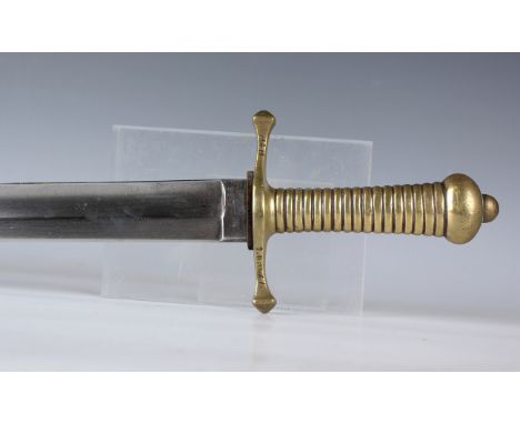 A 19th century Continental brass-hilted sidearm with single-edged fullered blade, blade length 64cm, and moulded one-piece br