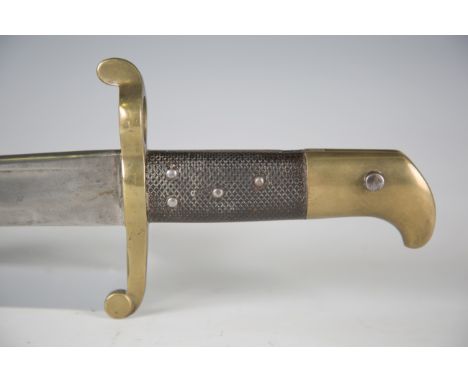 An 1855 pattern Lancaster sword bayonet with quill-back blade, blade length 60cm, marked with visored helmet for maker W.R. K